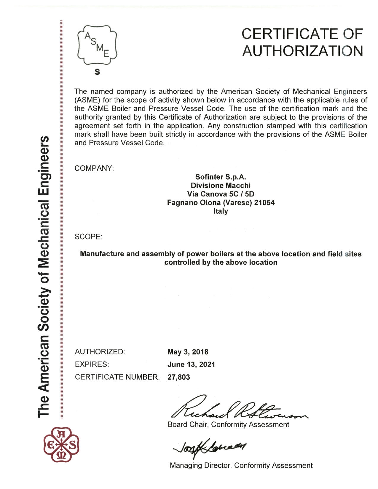 SOFINTER_FAGNANO ASME S STAMP_ISSUE 2018_1